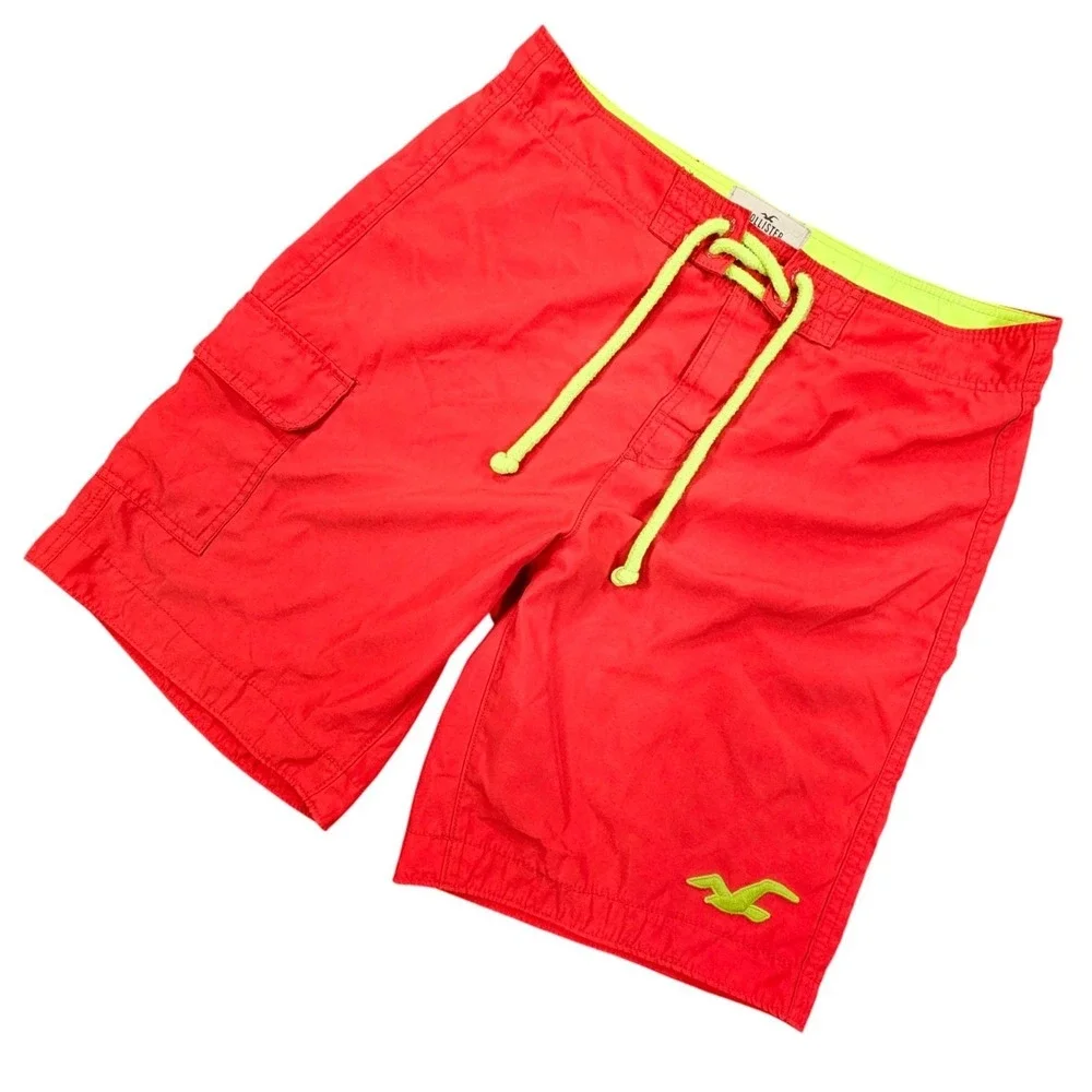 Hollister Board Shorts Mens L Red Neon Green Logo Swim Trunks Cargo Pocket 9